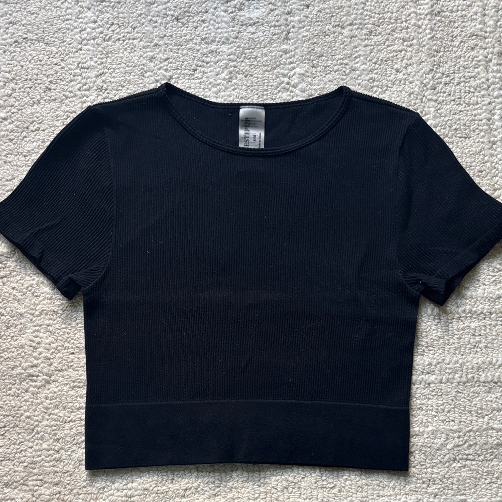 One Step Ahead Black Ribbed Crop Tee